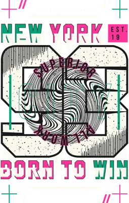 Thiết kế đồ họa New York 98 Born to Win với phong cách retro, chữ số lớn và các yếu tố trừu tượng.