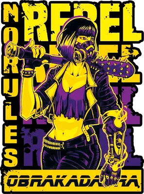 Hình ảnh cô gái cyberpunk đeo mặt nạ phòng độc, cầm gậy gai, phong cách mạnh mẽ, màu vàng và tím nổi bật.