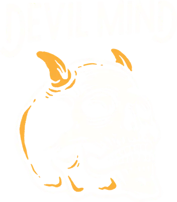 Hình in hộp sọ quỷ với sừng màu cam và chữ DEVIL MIND trên nền xám, phong cách vintage.