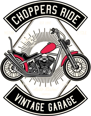 Thiết kế hình in xe mô tô Chopper phong cách vintage với chữ Choppers Ride và Vintage Garage