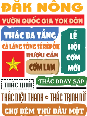 Hình ảnh typography liệt kê các địa danh, đặc sản, lễ hội nổi tiếng của Đắk Nông và Chợ Đêm Thủ Dầu Một, có cờ Việt Nam.