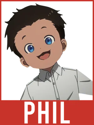 Hình ảnh nhân vật Phil trong anime The Promised Neverland, cậu bé có mái tóc đen, mắt xanh to tròn, đang cười tươi, mặc áo sơ mi trắng.