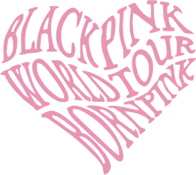 Hình trái tim màu hồng với chữ "BLACKPINK WORLD TOUR BORN PINK" uốn lượn bên trong, trên nền xám.