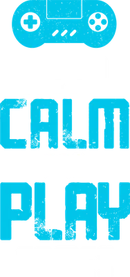 Hình ảnh tay cầm chơi game màu xanh dương và dòng chữ 'KEEP CALM AND PLAY GAMES' màu trắng và xanh dương trên nền xám, hiệu ứng grunge.