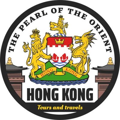 Biểu tượng Hong Kong cổ điển hình tròn với sư tử, rồng, khiên và dòng chữ 'The Pearl of the Orient', 'Hong Kong Tours and travels'.