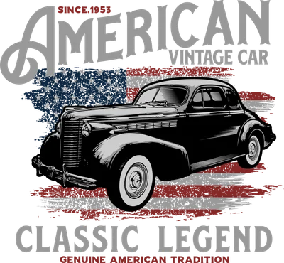 Hình minh họa xe hơi cổ điển American Vintage Car với nền cờ Mỹ phong cách retro