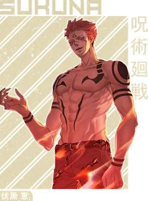 Ryomen Sukuna, nhân vật anime với cơ bắp cuồn cuộn, hình xăm đen trên cơ thể và khuôn mặt, mặc quần đỏ.