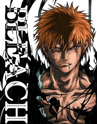 Hình ảnh Ichigo Kurosaki từ anime Bleach với mái tóc cam, ánh mắt sắc bén và biểu cảm mạnh mẽ, bao quanh bởi hiệu ứng đen bí ẩn.