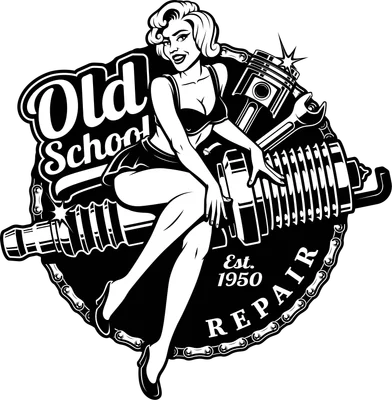 Hình ảnh cô gái pin-up phong cách retro ngồi trên bugi và piston, với chữ 'Old School Repair Est. 1950'