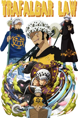 Hình ảnh Trafalgar Law với nhiều phiên bản khác nhau, bao gồm cả biểu tượng hải tặc đặc trưng.