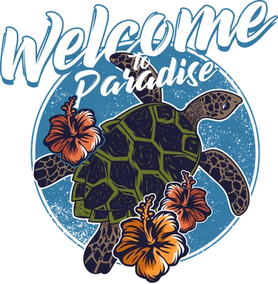 Hình minh họa rùa biển bơi giữa hoa dâm bụt với dòng chữ Welcome to Paradise phong cách vintage