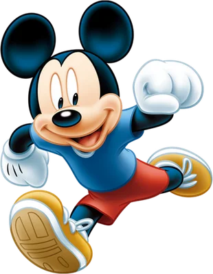 Hình ảnh chuột Mickey hoạt hình đang chạy nhảy vui vẻ, mặc áo xanh, quần đỏ và giày vàng.