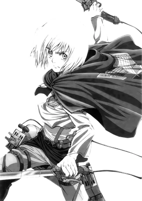 Hình ảnh Armin Arlert từ Attack on Titan trong tư thế chiến đấu, cầm kiếm và thiết bị bay