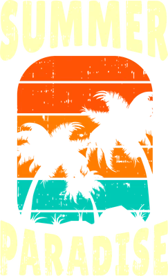 Hình ảnh thiết kế đồ họa phong cách retro với chữ 'SUMMER PARADISE' màu vàng nhạt, nền hoàng hôn sọc cam và xanh ngọc, cùng bóng cây dừa.