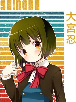 Hình ảnh cô gái anime tóc nâu ngắn, mắt to tròn màu nâu, đeo nơ đỏ lớn, mặc áo khoác nâu và áo sơ mi trắng.