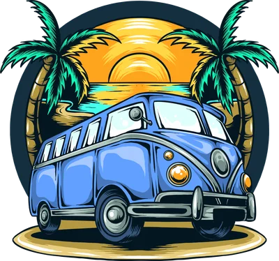 Hình minh họa xe bus cổ điển màu xanh dương với cây dừa và hoàng hôn phong cách retro