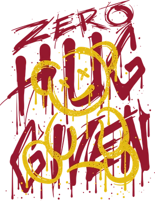 Hình in gấu bông graffiti màu vàng với mắt chữ X, miệng cười, nền chữ Zero Fucks Given đỏ phun sơn, phong cách đường phố.