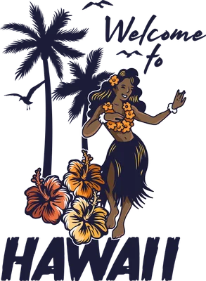 Cô gái nhảy múa Hula Hawaii với hoa dâm bụt và cây cọ phong cách vintage
