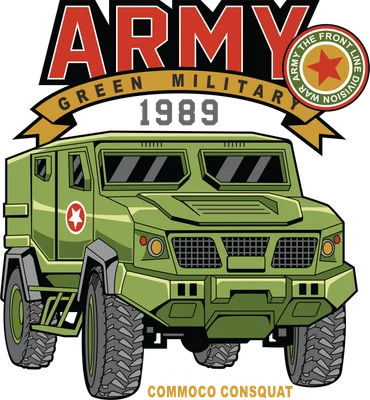 Hình ảnh minh họa xe quân sự bọc thép màu xanh lá, có chữ ARMY và dòng chữ "GREEN MILITARY 1989"