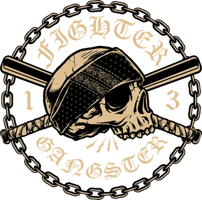 Hình minh họa đầu lâu đội khăn bandana, xung quanh là xích và gậy bóng chày, phong cách gangster