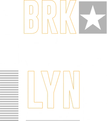 Thiết kế typography chữ NEW BRK PREMIUM LYN YORK AUTHENTIC màu trắng, vàng và xám trên nền xám đậm, có hình ngôi sao.
