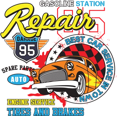 Hình ảnh minh họa phong cách retro về garage sửa chữa ô tô với xe cổ màu cam, các dòng chữ 'Repair', 'Garage 95', 'Best Car Service In Town', 'Engine Service', 'Tires and Brakes'.