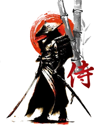 Hình ảnh chiến binh Samurai mặc giáp, đội nón, cầm kiếm đứng cạnh cây tre và mặt trời đỏ, có chữ Hán.