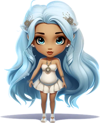 Hình ảnh cô gái chibi dễ thương với mái tóc xanh dương dài, mắt to màu xanh biếc, mặc váy trắng và phụ kiện lấp lánh.
