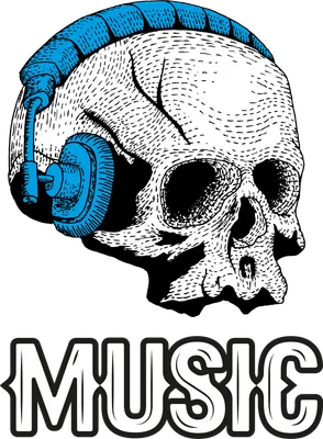 Hình ảnh đầu lâu trắng đeo tai nghe màu xanh, bên dưới có chữ MUSIC.