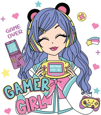 Hình ảnh cô gái anime tóc tím đeo tai nghe, cầm máy chơi game, với các biểu tượng game và chữ 'Gamer Girl'