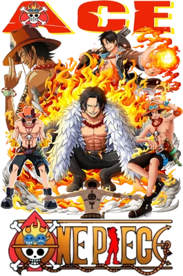 Hình ảnh Portgas D. Ace với nhiều phiên bản, bao quanh bởi lửa, cùng logo One Piece