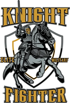 Hình minh họa hiệp sĩ đầu lâu mặc giáp cưỡi ngựa chiến với khiên và chữ Knight Elite Military Fighter
