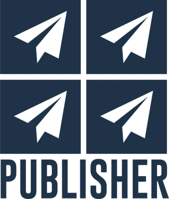 Logo "PUBLISHER" với bốn hình máy bay giấy màu xám trên nền xanh đậm, chia thành 4 ô vuông.