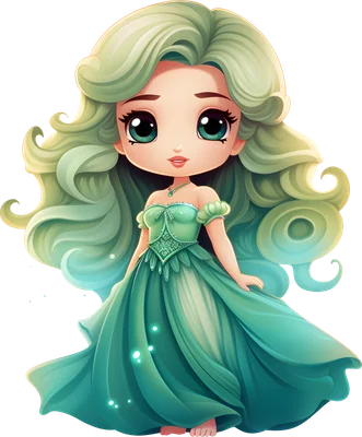 Hình ảnh cô gái hoạt hình chibi đáng yêu với mái tóc xanh lá cây bồng bềnh và chiếc váy xanh ngọc lục bảo, đôi mắt to tròn long lanh.