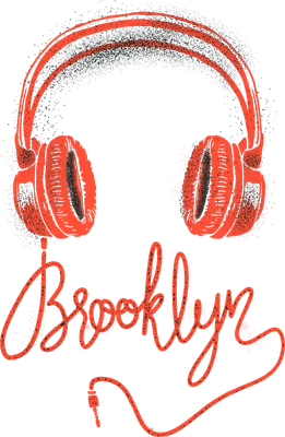 Hình ảnh tai nghe màu cam neon với chữ 'Brooklyn' viết tay theo phong cách graffiti trên nền xám.