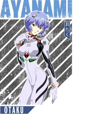 Hình ảnh Rei Ayanami trong bộ đồ Eva Unit-00, phong cách anime, với chữ Ayanami và tên tiếng Nhật.