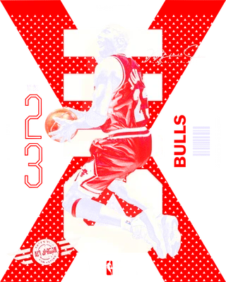 Hình ảnh Michael Jordan đang nhảy ném bóng, mặc áo đấu Bulls số 23, phong cách retro "Air Mail"