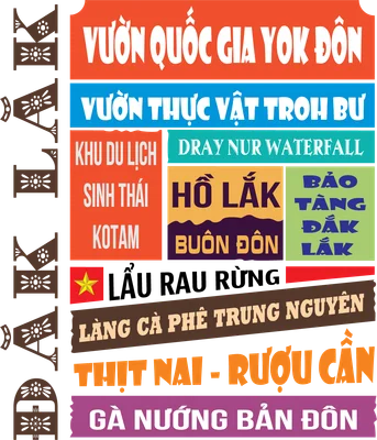 Thiết kế typography Đắk Lắk với các địa danh, món ăn đặc sản nổi tiếng của vùng Tây Nguyên Việt Nam.