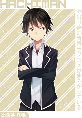 Nhân vật Hachiman Hikigaya trong anime, mặc áo khoác đen, áo sơ mi trắng, vẻ mặt cool ngầu.