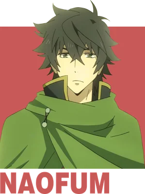 Hình ảnh nhân vật anime Naofumi Iwatani với mái tóc xanh đen, mặc áo choàng xanh lá và biểu cảm trầm tư.