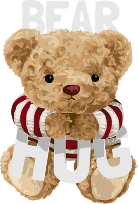 Hình minh họa gấu bông màu nâu dễ thương đeo khăn quàng cổ sọc đỏ trắng, có chữ 'BEAR HUG' màu trắng.