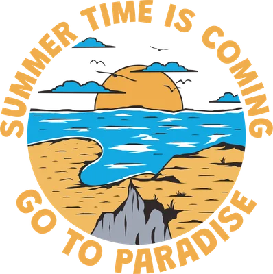 Hình ảnh minh họa cảnh biển ngày hè với mặt trời, mây, sóng biển và bãi cát, có chữ 'Summer time is coming, go to paradise'
