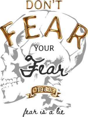 Hình ảnh typography với thông điệp 'Don't Fear Your Fear' chữ vàng 3D, đầu lâu mờ và dải băng 1980 trên nền xám.