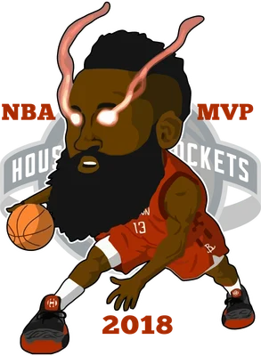 Hình vẽ chibi James Harden đang đánh bóng rổ, mắt phát sáng, có chữ MVP và 2018