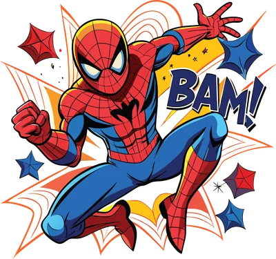 Hình ảnh Spider-Man đang nhảy với biểu tượng "BAM!" và các ngôi sao xung quanh.