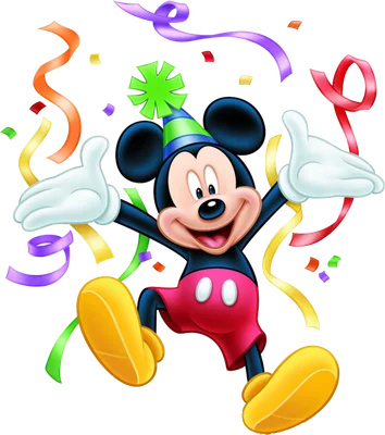 Mickey Mouse vui vẻ nhảy múa với mũ sinh nhật và pháo giấy