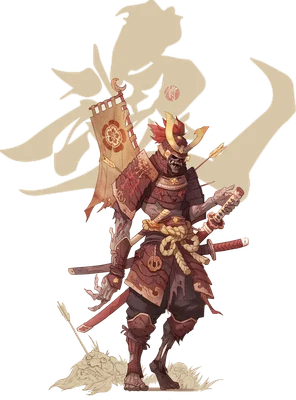 Hình ảnh chiến binh Samurai bộ xương với giáp trụ đỏ, cầm kiếm và cờ hiệu, phong cách nghệ thuật độc đáo.