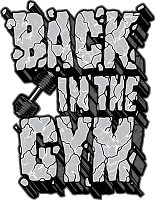 Thiết kế chữ Back In The Gym hiệu ứng đá nứt với quả tạ đơn, phong cách thể thao mạnh mẽ
