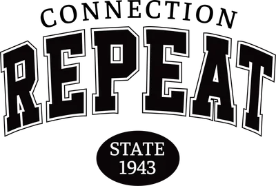 Hình in chữ CONNECTION REPEAT và STATE 1943 với phông chữ varsity và cổ điển, màu đen trắng trên nền xám.