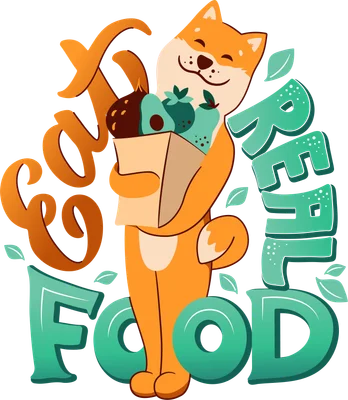 Hình minh họa chú chó Shiba Inu hoạt hình màu cam đang mỉm cười, ôm túi giấy đựng trái cây tươi, với dòng chữ "Eat Real Food" màu cam và xanh lá.